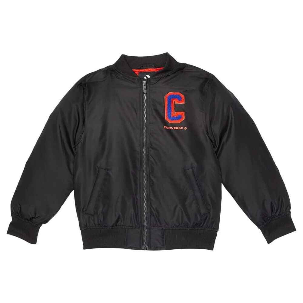 Converse Bomber Jacket Boys Medium Black Chenille Long Sleeve Full Zip RED625